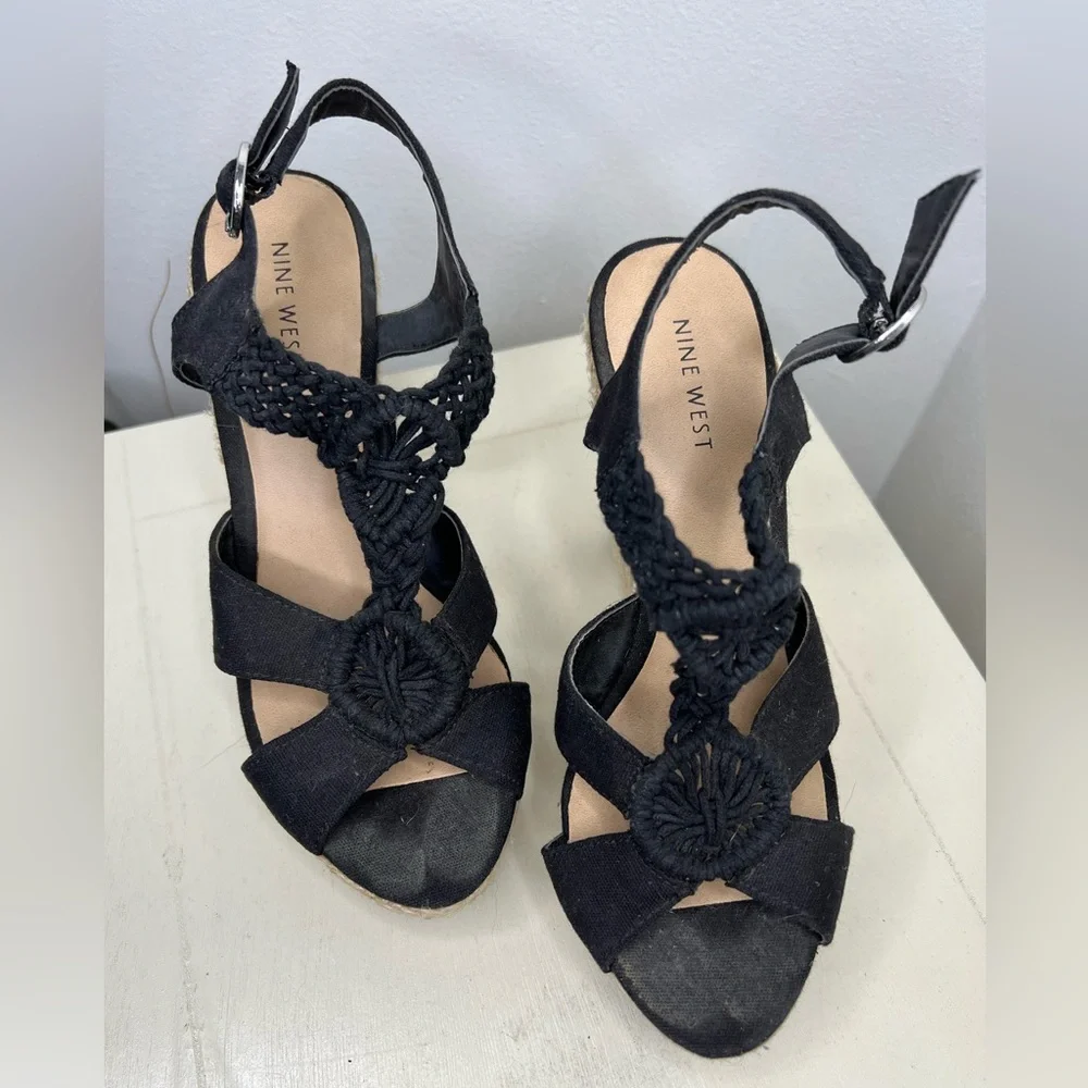 Nine West MAXIE3Y Black Canvas Espadrille Wedge Sandals
